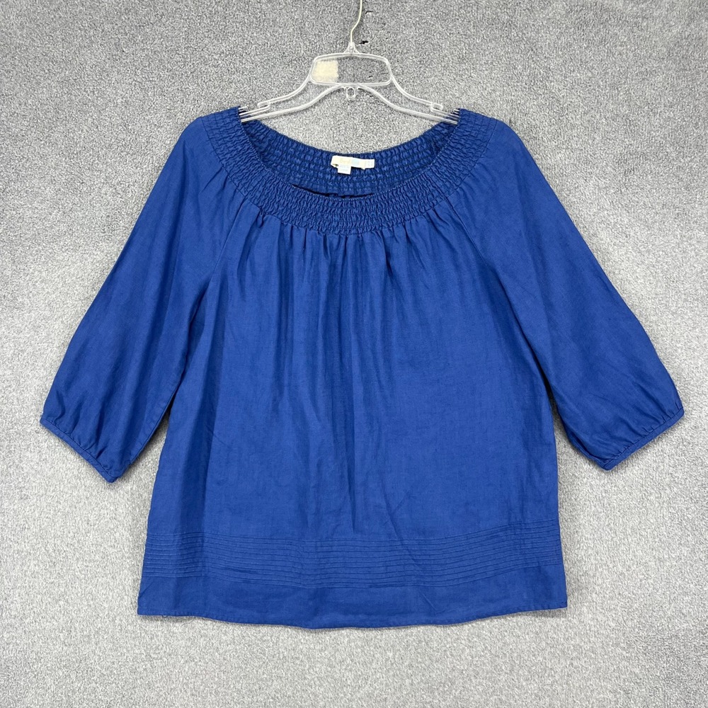 Boden Linen Blouse Womens 6 Blue Smocked Neck 3/4 Sleeve Pintuck Hem Boho Top